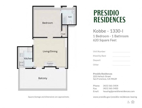 Floor plan for 1 bed, 1 bath, 620 sqft